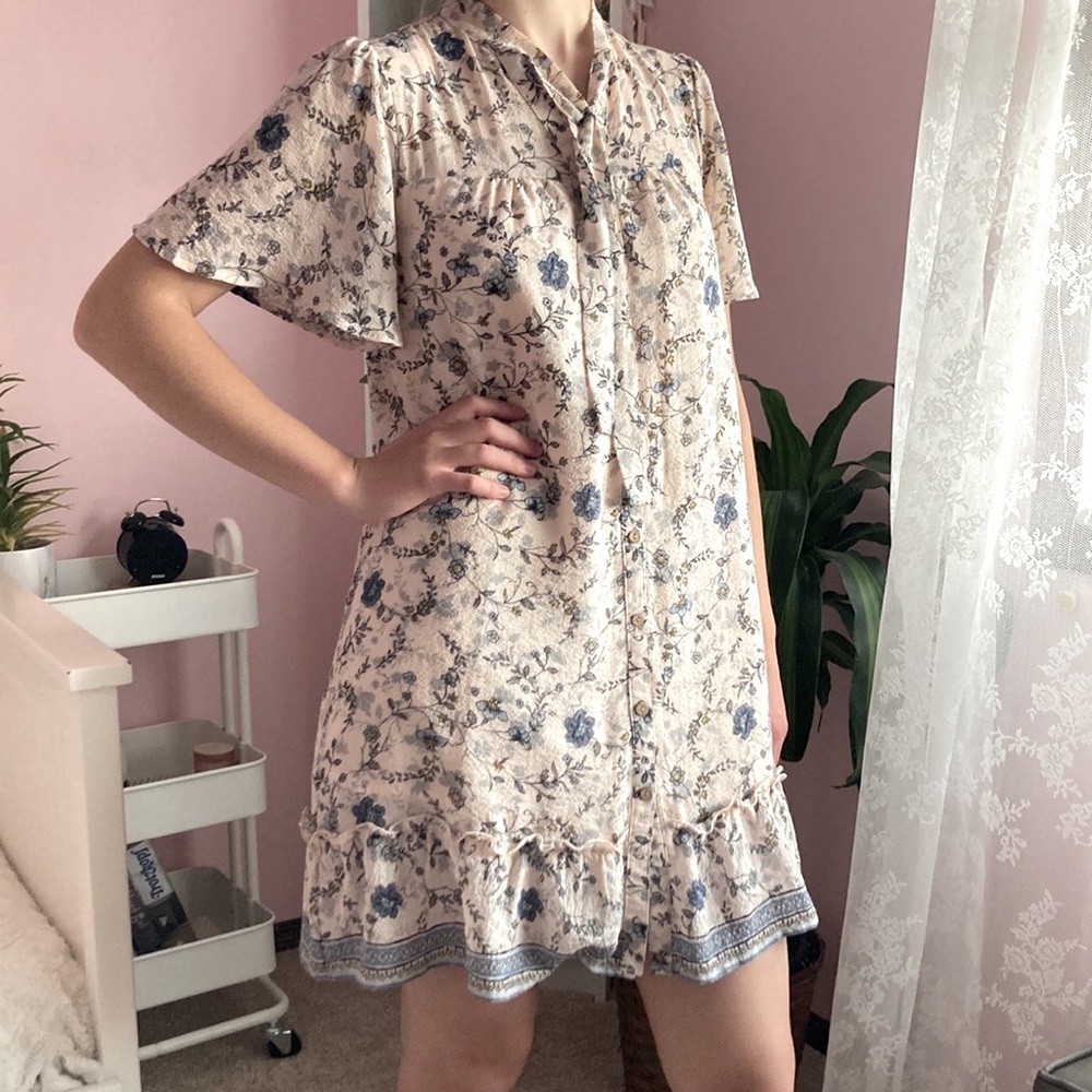 Floral Flutter Sleeves Tie Neck Dress